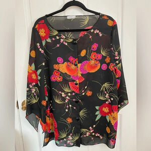 Lauren Lee Sheer Floral Kimono Style Top Blouse Button Down slit Flowy S…